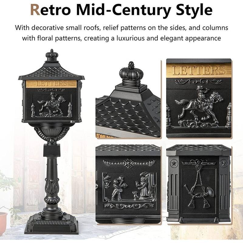 Retro Mid-century Aluminum Cast Mailbox with Post and Keys, Locking Residential Rust-Proof Security Postal Mailboxes