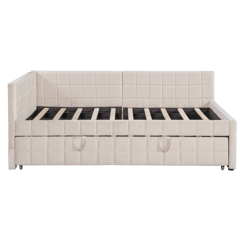 Roomfitters Full L-Shaped Upholstered Daybed with Twin Pop-Up Trundle and Built-In USB Ports