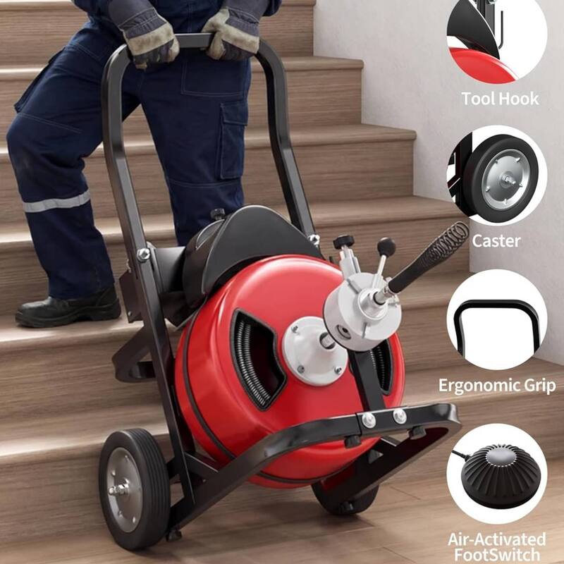 100FT 1/2 Inch Portable Electric Drain Auger, Drain Cleaning Machine with Blue Gloves