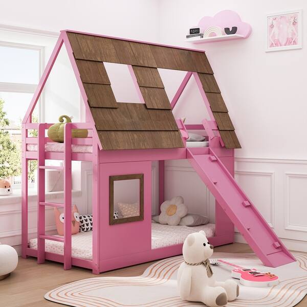 Wood Twin Size House Bunk Bed with Window Roof Shape Design with Ladder ...