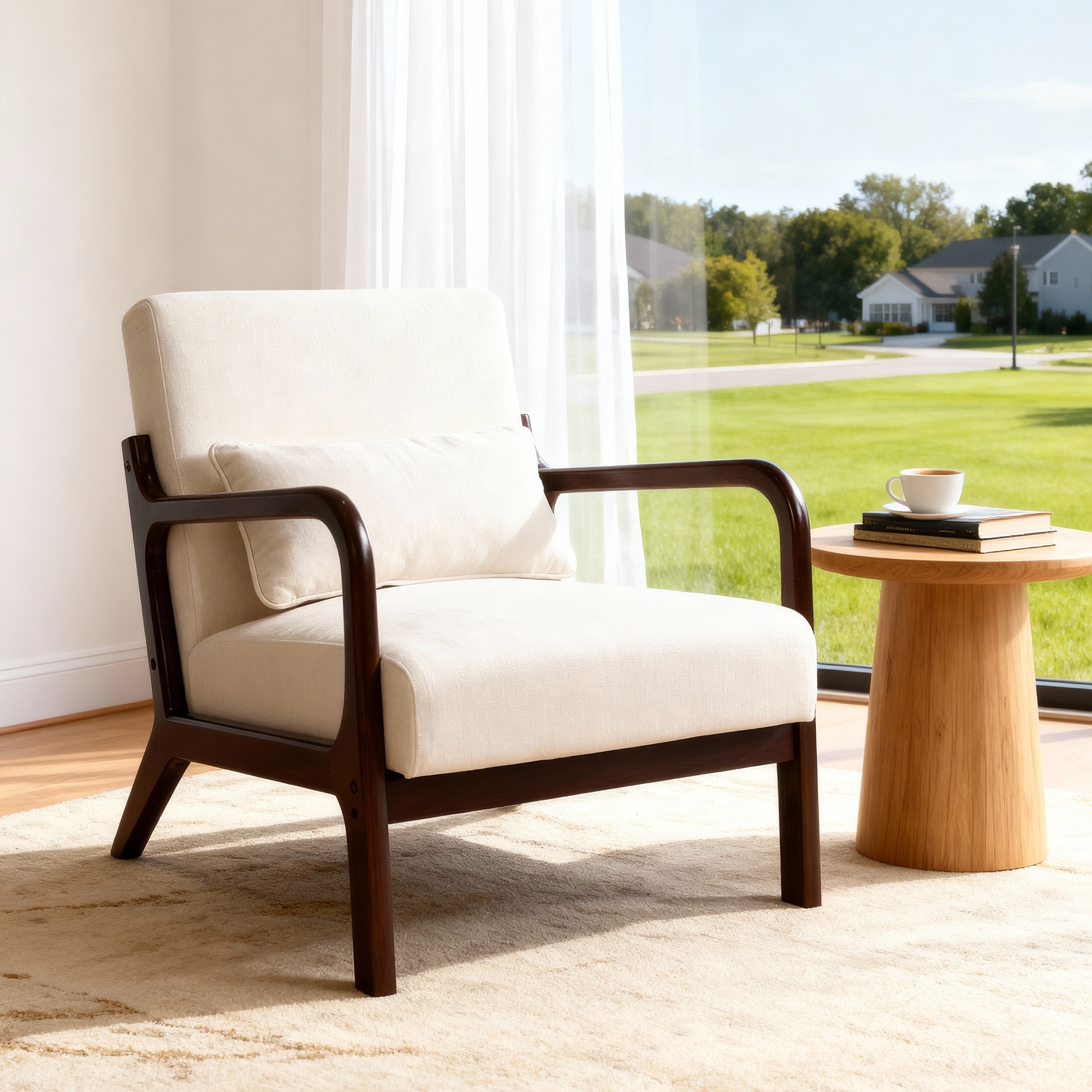 Mid Century Modern Armchair, Accent Chair with Wood Frame & Detachable Lumbar Pillow