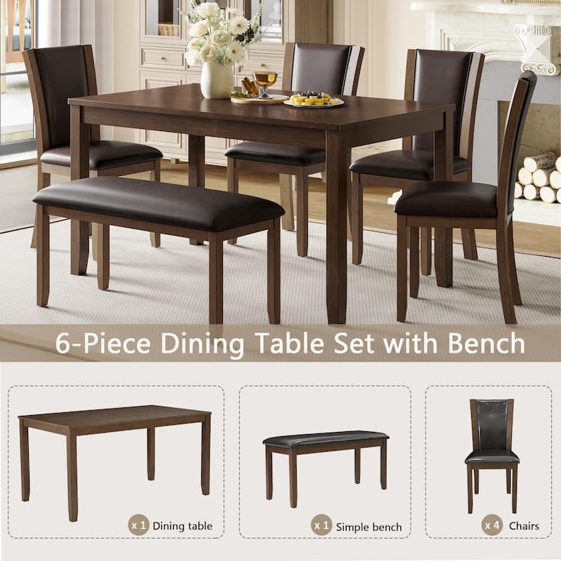 6 Piece Dining Table Set, Wooden Kitchen Table Chair Set with Rectangular Table, Bench and 4 Upholstered Chairs