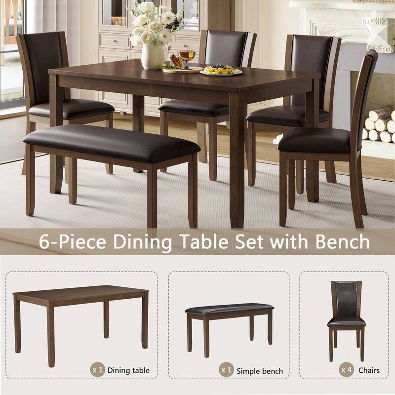 6-Piece Dining Table Set with Bench and Waterproof Curved Backrest Chairs, Wooden Kitchen Table Set for 6 People