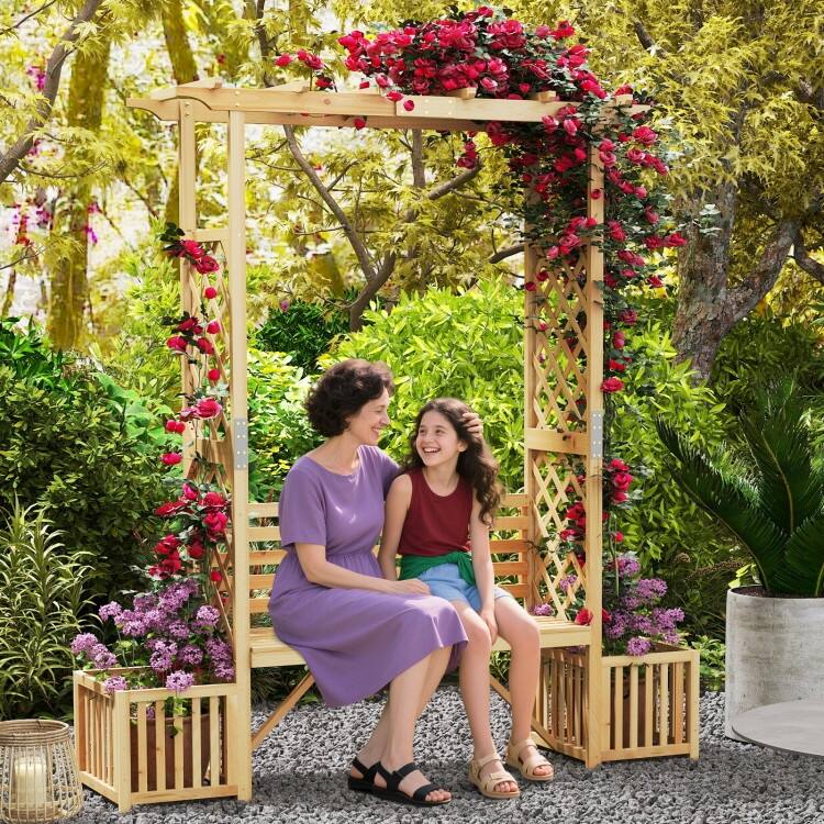 Natural Fir Wood Garden Arbor Bench with Trellis Planter Boxes - 73" x 22" x 80"