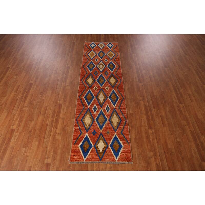 Orange Moroccan Oriental Runner Rug Hand-Knotted Tribal Wool Carpet - 2'10" x 9'9"