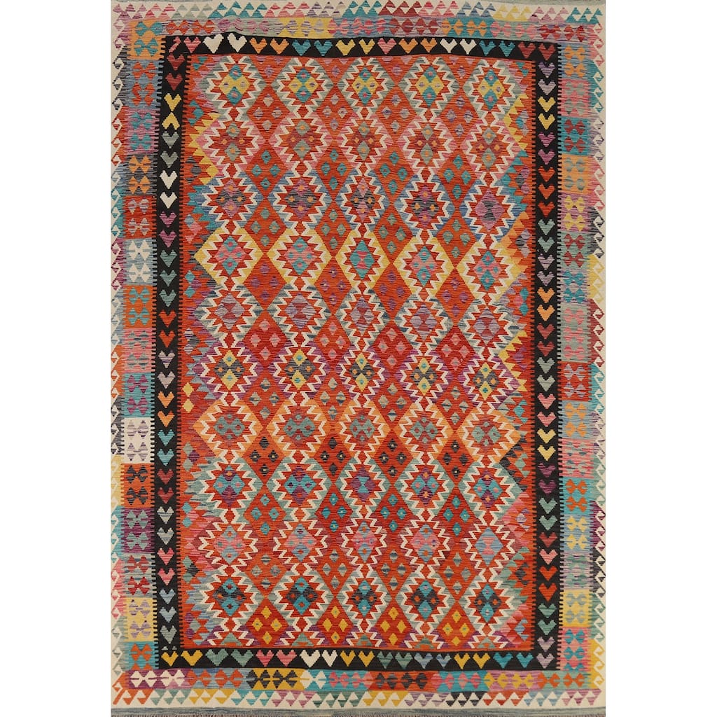 Orange Kilim Area Rug Hand-Woven Geometric Wool Carpet - 8'1" x 11'8"