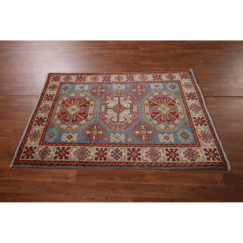 Blue Geometric Kazak Foyer Rug Hand-Knotted Wool Carpet - 3'5" x 4'11"