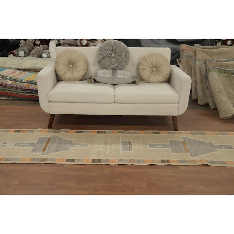 Hand Woven Oriental 100% Wool Carpet Southwestern Tribal Beige & Ivories Kilim Runner Rug - 11' 0'' X 2' 6''