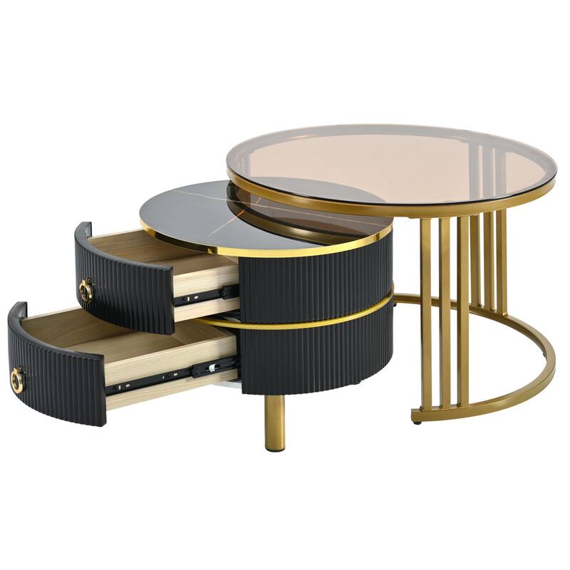 Stackable Round Coffee Table with 2 Drawers, Modern Nesting Tables