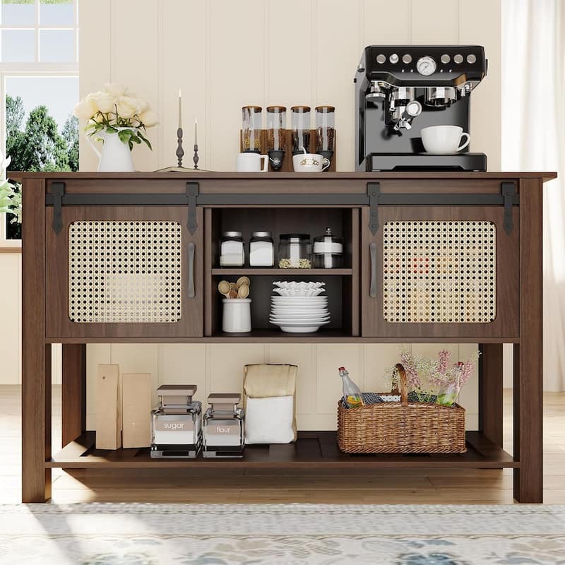 AECOJOY Buffet Cabinet, Coffee Bar Storage Cabinet, 46'' Coffee Bar Table with Rattan Sliding Barn Door, Adjustable Shelves - Brown