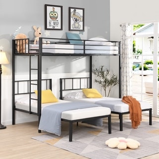 Sturdy Metal Triple Twin Bunk Bed with Full-Length Guard Rails and Built-in Ladder - Space-Saving Design