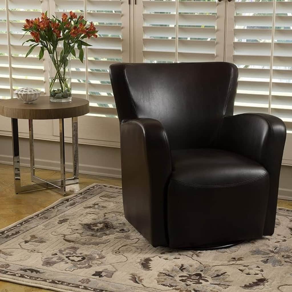 Roomfitters Wingback Swivel Club Chair, Modern Faux Leather Accent Armchair with Curved Back for Living Room Comfort, Brown