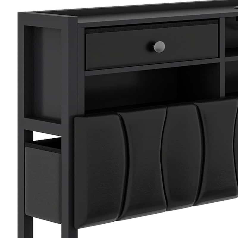 6 Drawers PU Leather Upholstered Platform Bed, Bed Frame with Hidden Storage Headboard and Power Outlets