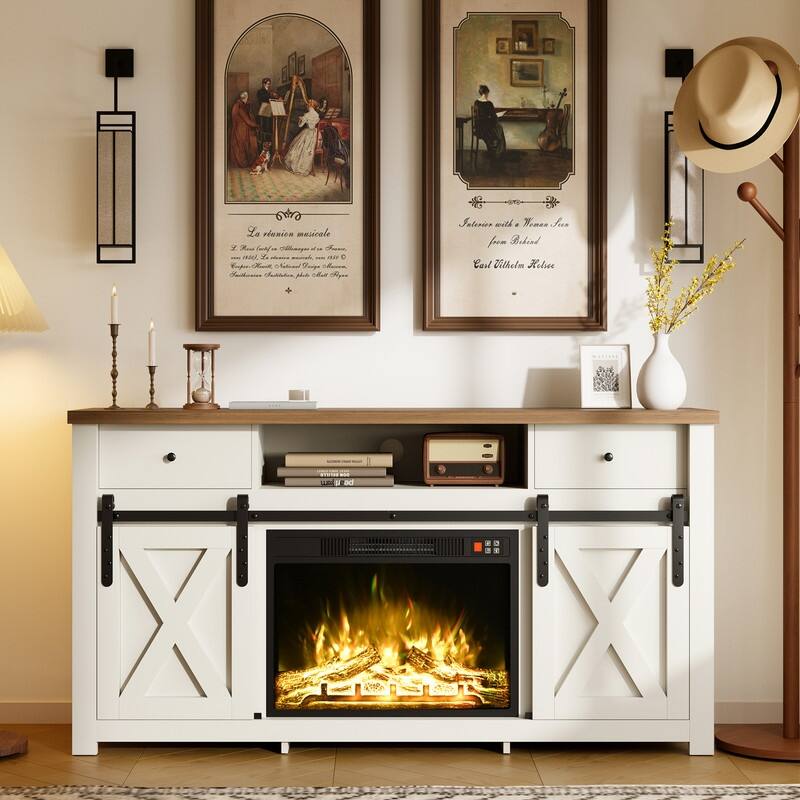 59" Sliding Diamond Door TV Stand for TVs up to 65" with 23" Electric Fireplace Included