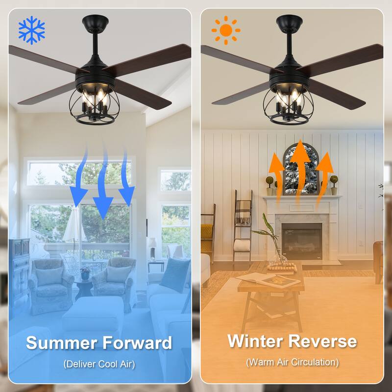 Cusp Barn 52" Modern Ceiling Fan with Light and Remote,Black 4-Light 6 Speeds Quiet Operation Reversible Caged Ceiling Fan