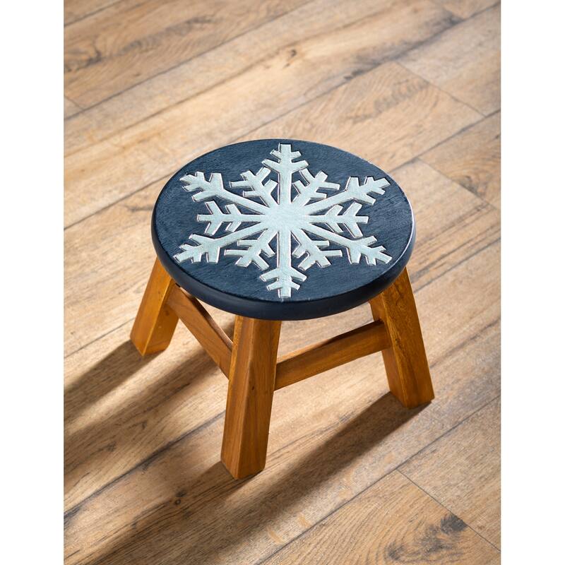 10 in. Hand-Carved Acacia Wood Holiday Footstool - Snowflake