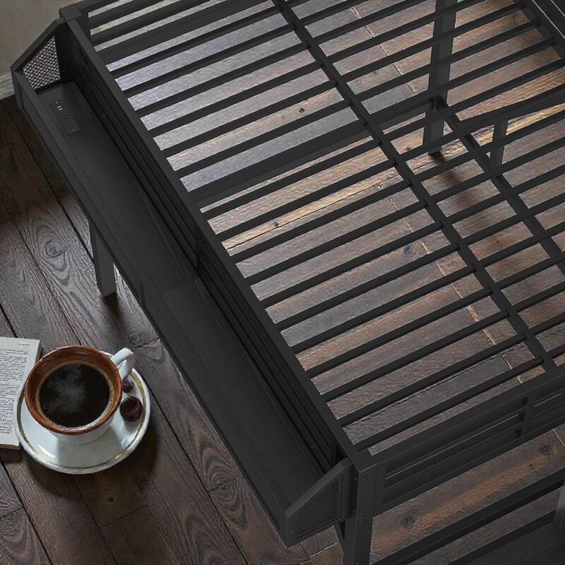 Metal Loft Bed with Storage Stairs, Wardrobe and Shelves, USB Ports and LED Lights, Noise Reduced Frame