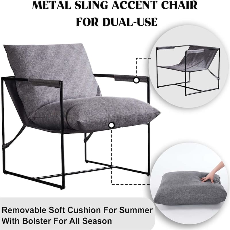 Modern Accent Linen Sling Chair Indoor for Living Room Bedroom and Office Metal Framed Armchair with Soft Bag Cushion