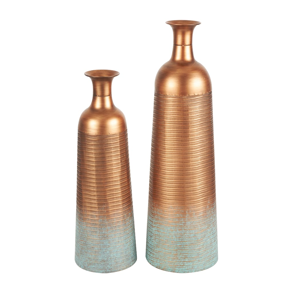 Metal Ribbed Textured Vase with Distressed Teal Accents - Set of 2 Copper - Roche River Decor - 9"W x 9"L x 29"H
