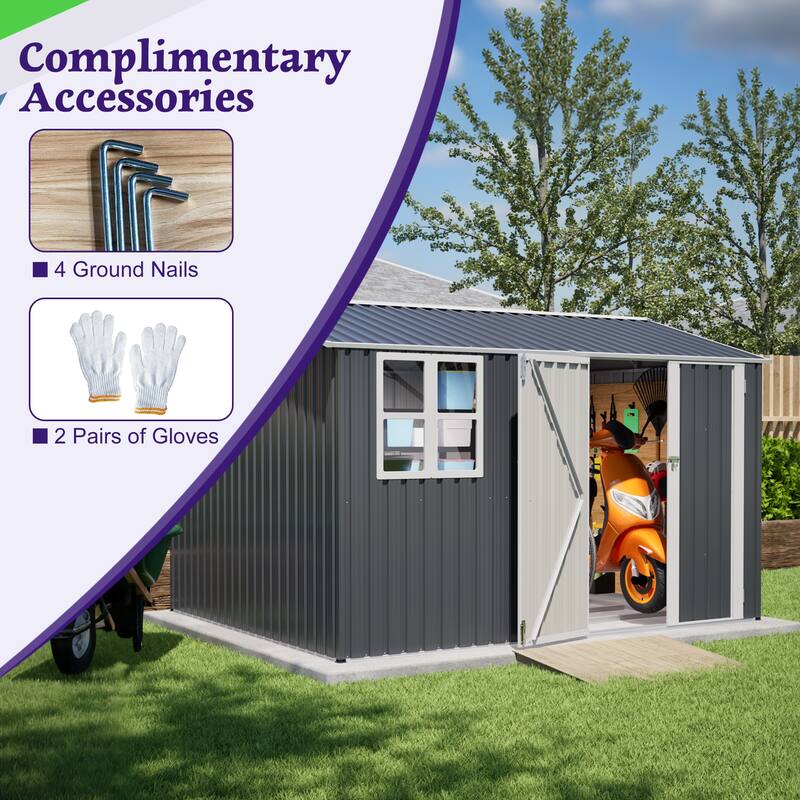 10X8FT Outdoor Steel Storage Shed with Clear Window, Lockable Doors, Weather-Resistant Metal Tool Shed