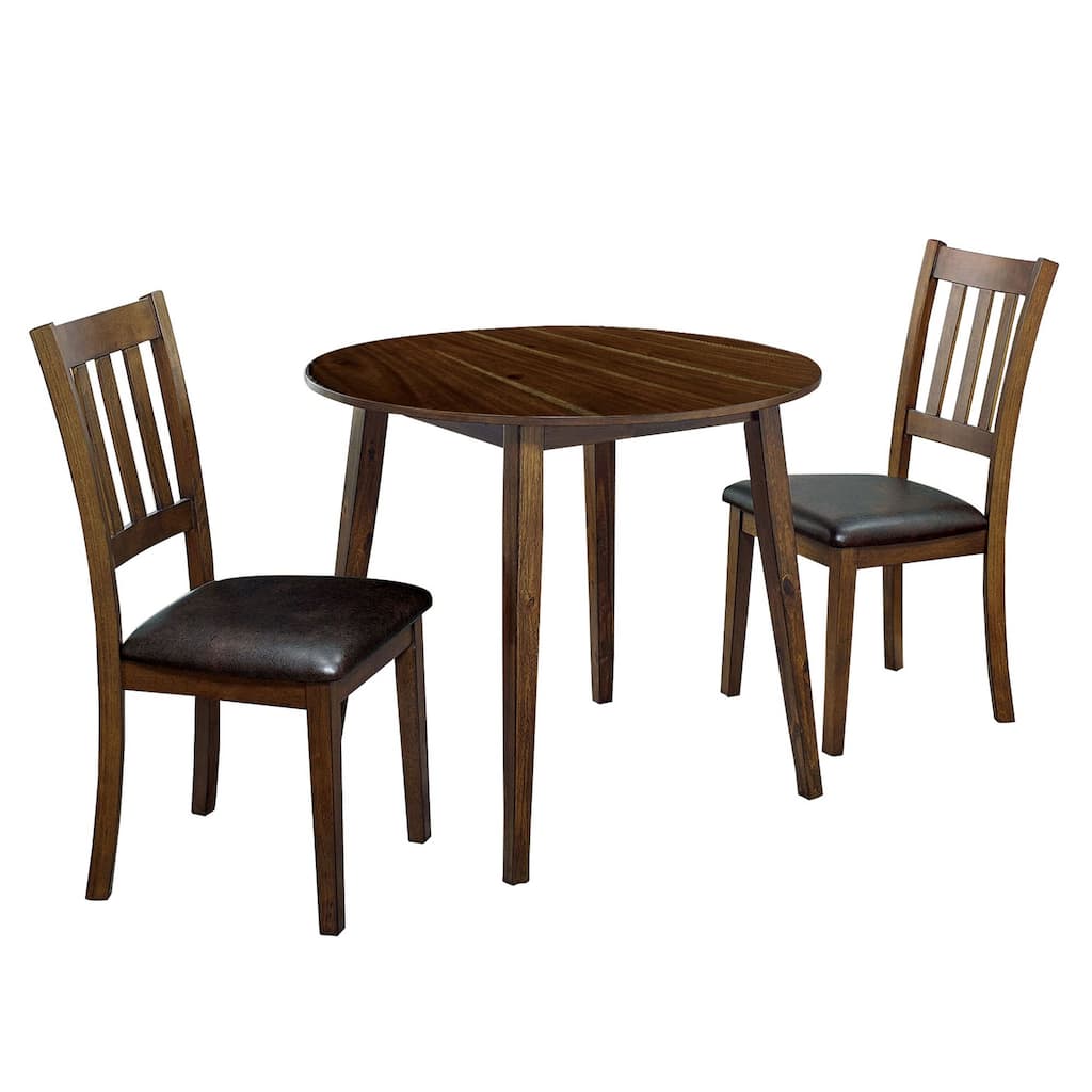3 Piece Round Dining Table and Leatherette Chair Set, Brown