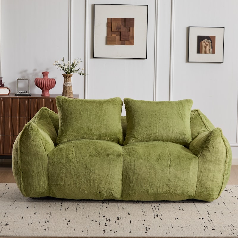 Giant Lazy Bean Bag Couch Chair Ultra Soft Fluffy Loveseat Sofa Chaise Lounge Indoor Cozy Faux Fur Reading Chair with Pillows - Green