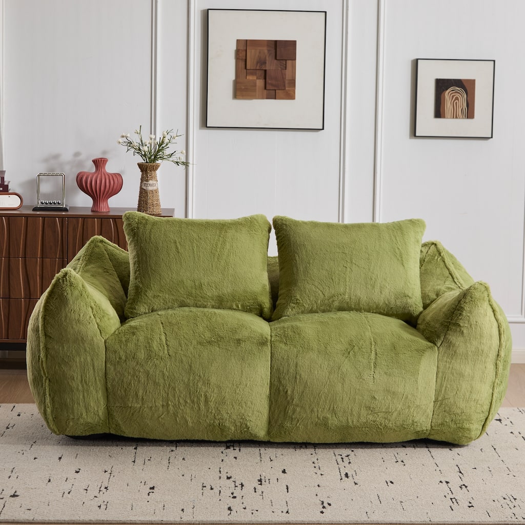 Simple Bean Bag Couch Green Loveseat Sofa Couch with 2 Pillows, Lounge Sofa Couch for Living Room Bedroom