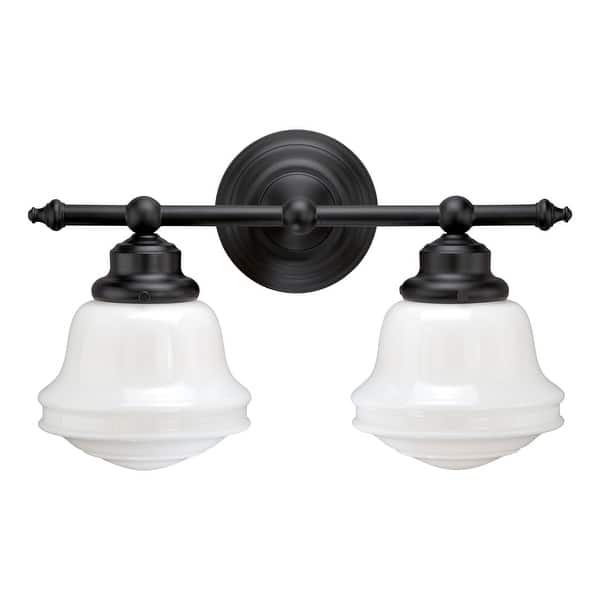 slide 2 of 9, Huntley 2-Light 16 in. W Oil Rubbed Bronze Farmhouse Bathroom Vanity Lighting Fixture, White Schoolhouse Milk Glass Globe Shade 16-in W x 10-in H x 7-in D - Oil Rubbed Bronze