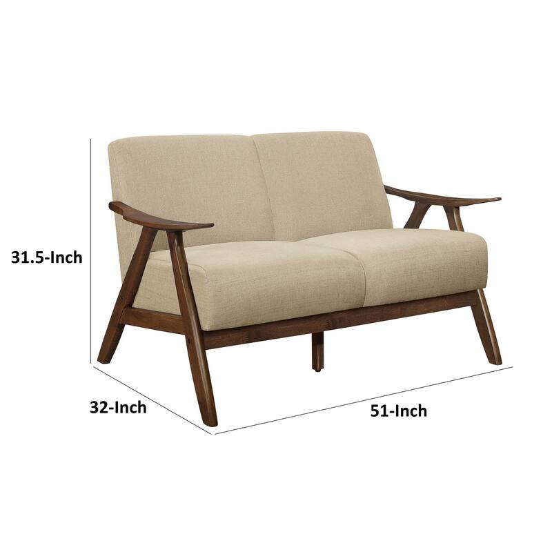 Indy 51 Inch Loveseat, Brown Rubberwood Angled Frame, Textured Beige Fabric