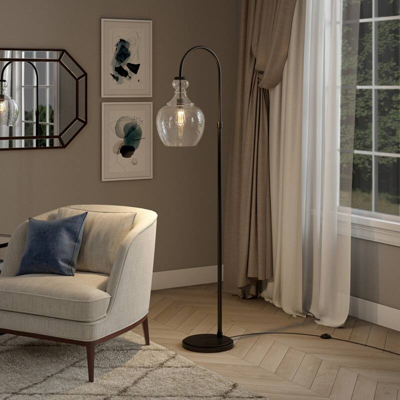 Metal Arched Floor Lamp with Dome Glass Shade and Foot Switch - 19” x 12” x 70” (D x W x H)