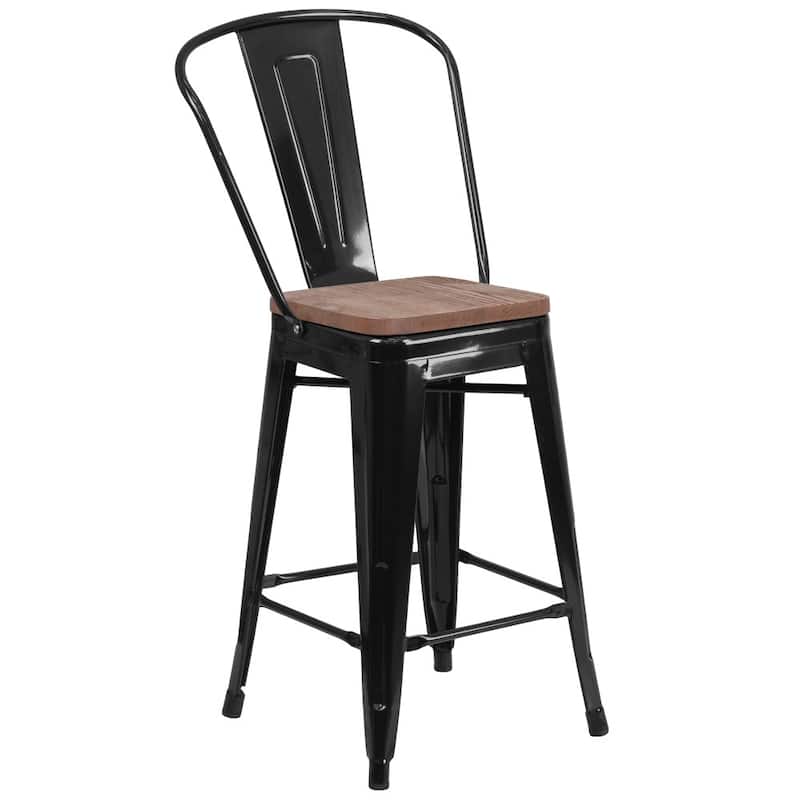 4 Pack 24" High Metal Counter Height Stool with Back and Wood Seat - 17.75"W x 20"D x 39.25"H