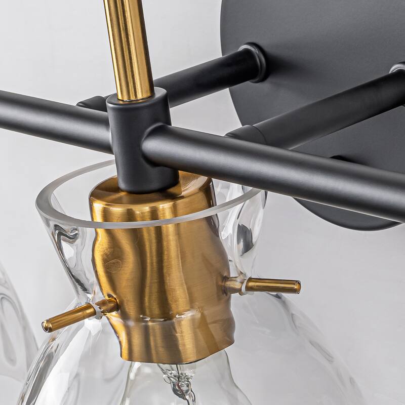 1-Light/3-Light Matte Black and Antique Brass Bathroom Vanity Light with Water-Rippled Glass Shade