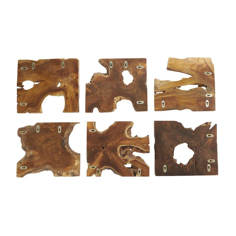 Teak Wood Abstract Handmade Live Edge Wood Slab Wall Decor - Set of 6 Brown - Roche River Decor