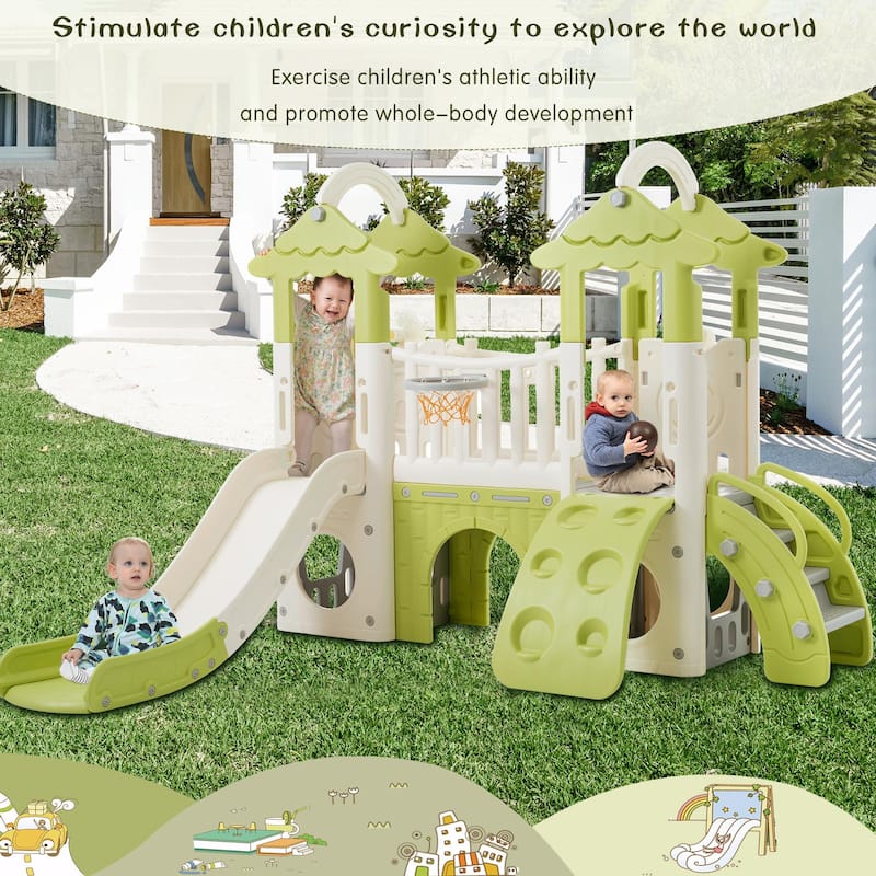 8-in-1 Toddler Climber and Slide Set - Freestanding Kids Slide Playset with Basketball Hoop and More