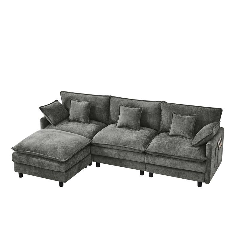 L-Shaped Modular Sectional Sofa with Movable Storage Ottoman, Comfy Cashmere Deep Seat Cloud Couch, Lounge Sofa with Pillows