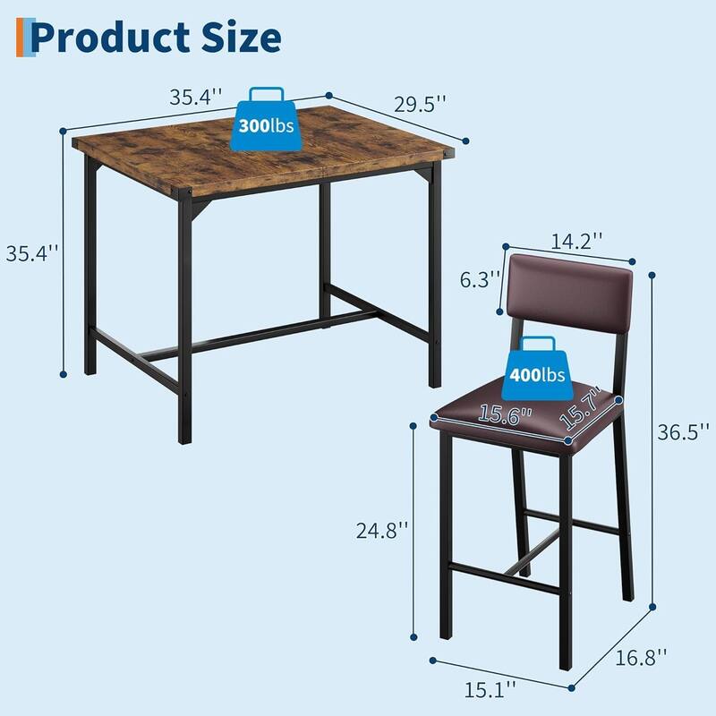 3-Piece Kitchen Table Set, with 2 Upholstered Bar Stools
