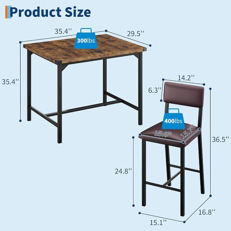 Counter Height Kitchen Dining Table Set with 2 Upholstered Bar Stools for Dining Room