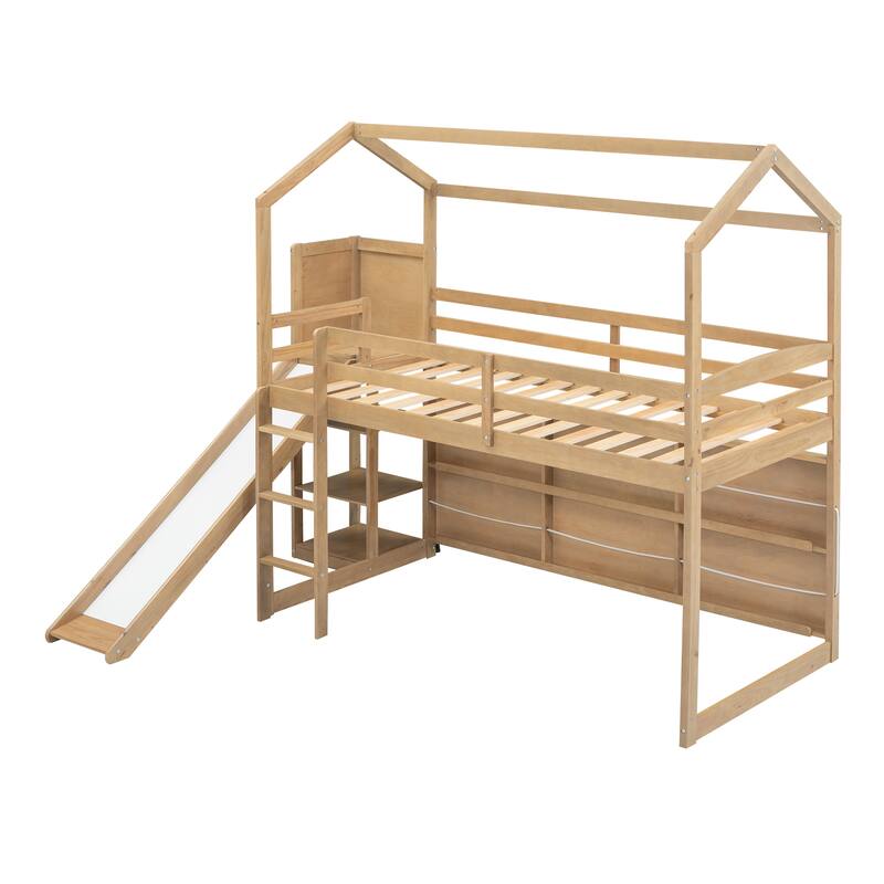 Wooden Playhouse Loft Bed with Trundle, Slide, and Storage Shelves