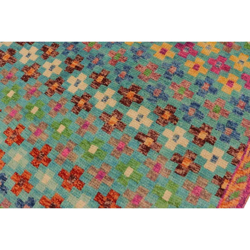 Contemporary Balochi Olson Blue/Orange Hand Knotted Wool Rug - 4'10'' x 8'3''