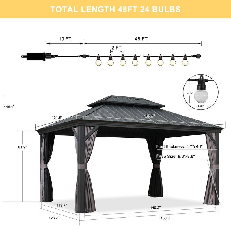 PURPLE LEAF Outdoor Galvanized Steel Hardtop Gazebo, Aluminum Frame Gazebo With Curtains