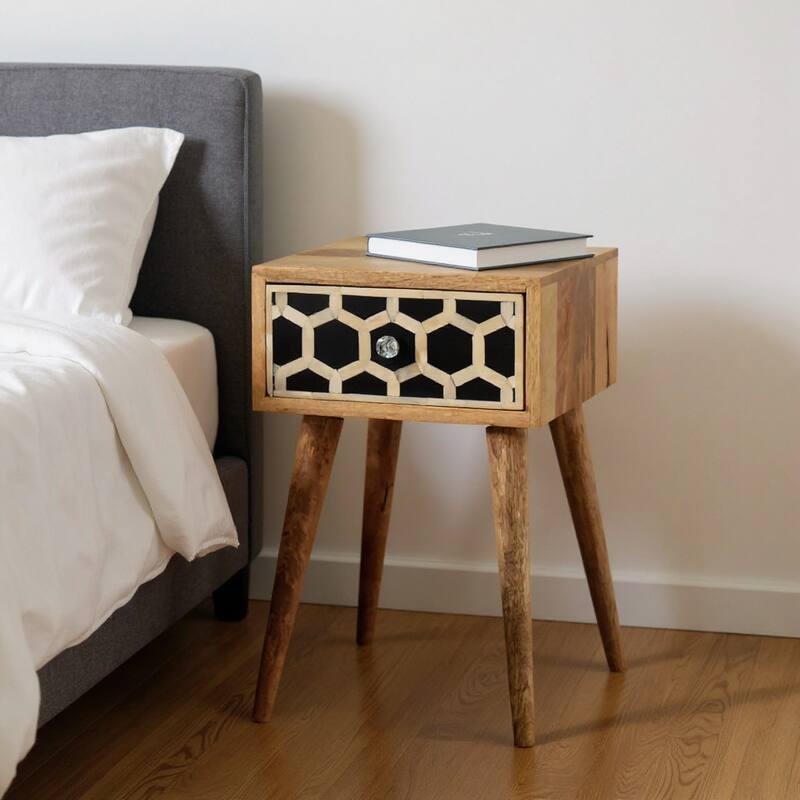 HomeRoots 20" Black White And Brown Solid Wood Geometric Bone Inlay One Drawer Nightstand - Brown - 1-drawer