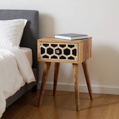 HomeRoots 20" Black White And Brown Solid Wood Geometric Bone Inlay One Drawer Nightstand