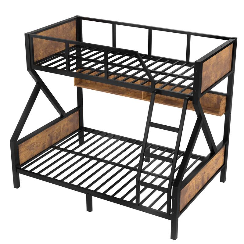 Woodgrain Accents Black Metal Bunk Bed Frame with Built-in Storage Shelves and LED Light Strip for Guest Rooms, Dorms