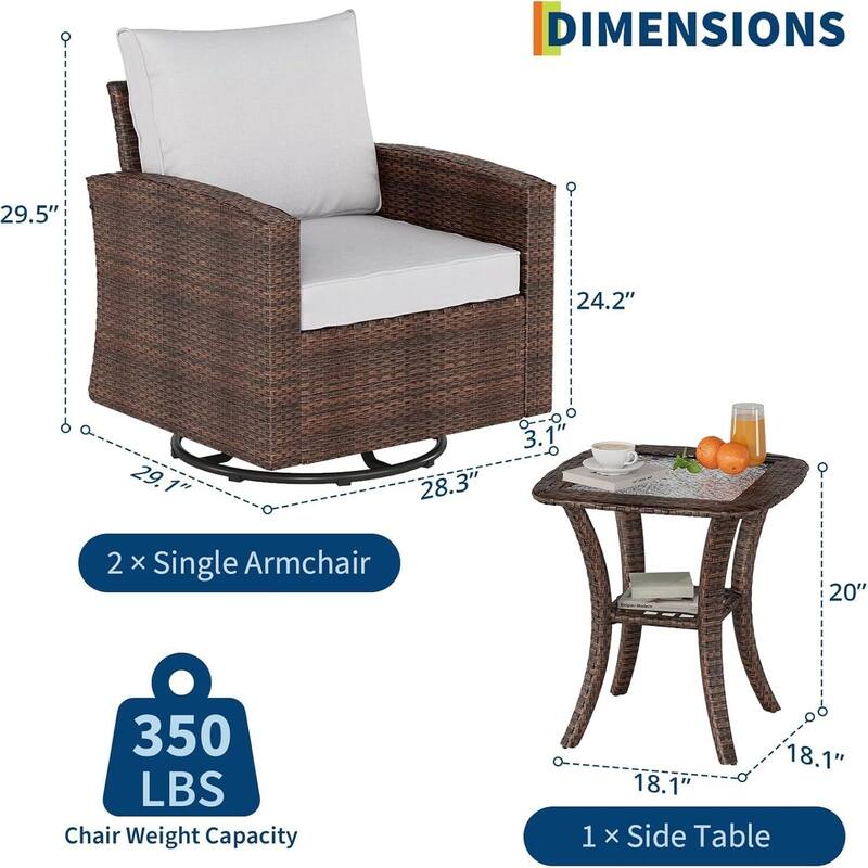 3 Piece Outdoor Swivel Glider Rocker Patio Chairs for Porch, Balcony, Deck - 3PCs