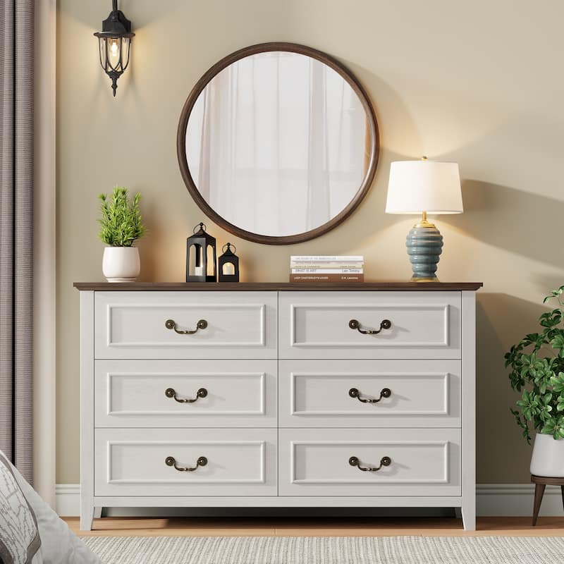 Farmhouse 6 Drawer Dresser for Bedroom, Vintage Dresser with Antique Handles