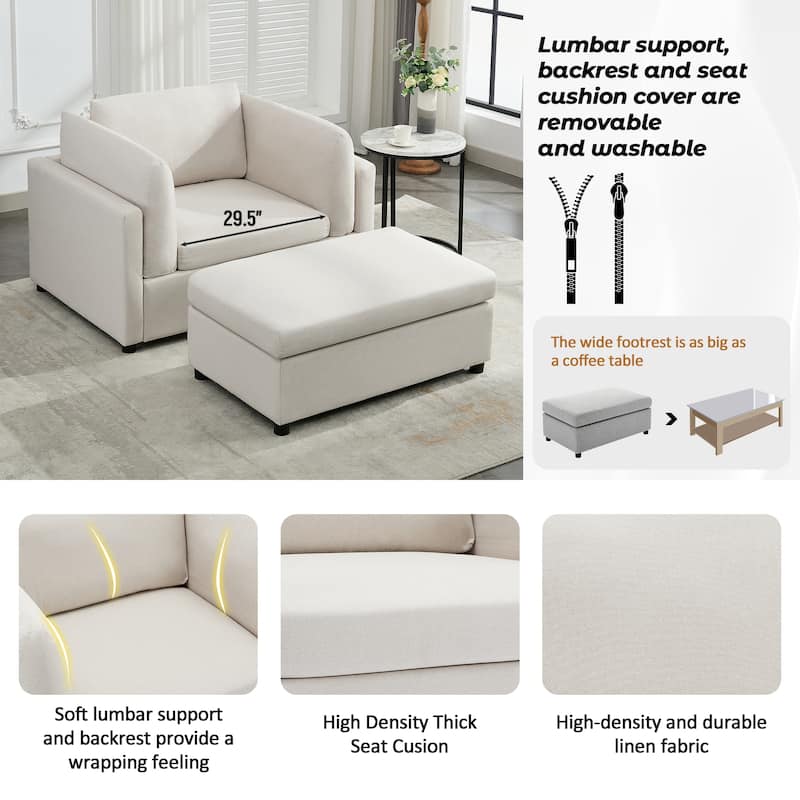 Modern Oversized Armchair with Ottoman, Single Sofa with Lumbar Support, Accent Chair, Reading Chair for Bedroom, Living Room