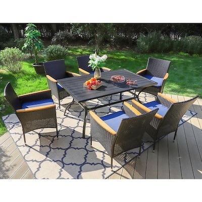 PHI VILLA 7-Piece Patio Dining Set with 1 Rectangular Metal Table and 6 Rattan Dining Chairs with Wood Armrests
