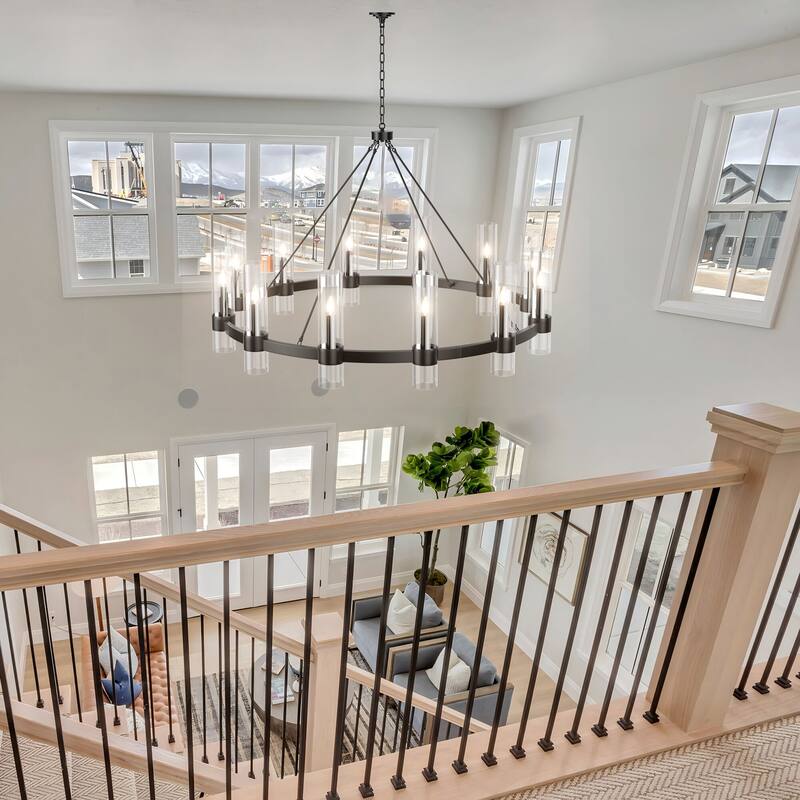 Black Wagon Wheel Chandelier with Glass Shades Adjustable Farmhouse Pendant Light for High Ceilings