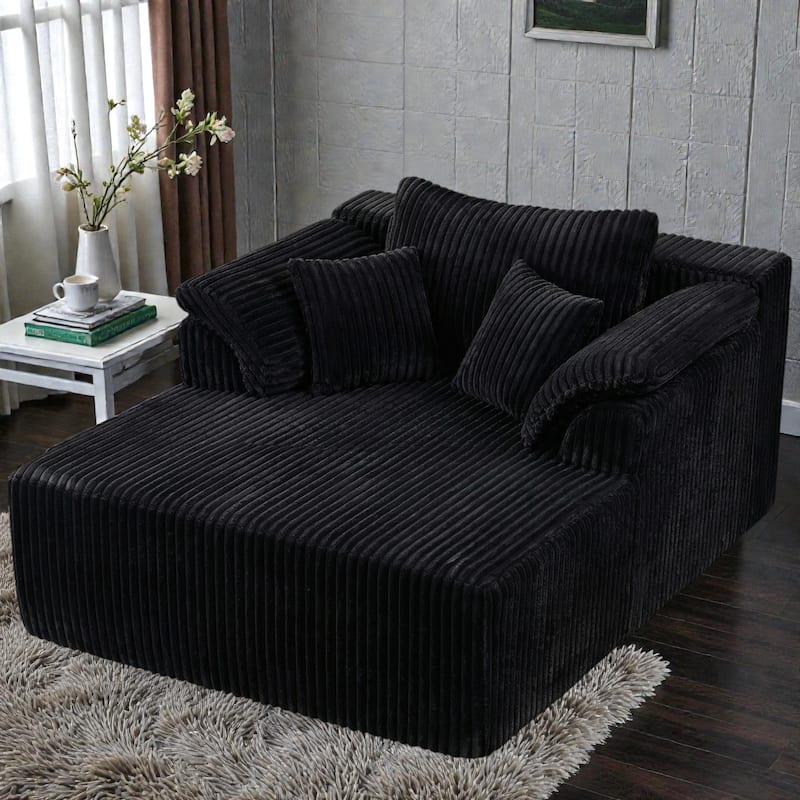 60 Inch Chaise Lounge Chair Indoor, Oversized Corduroy Boneless Sofa Bed with Deep Seat, No Assembly Required - Black