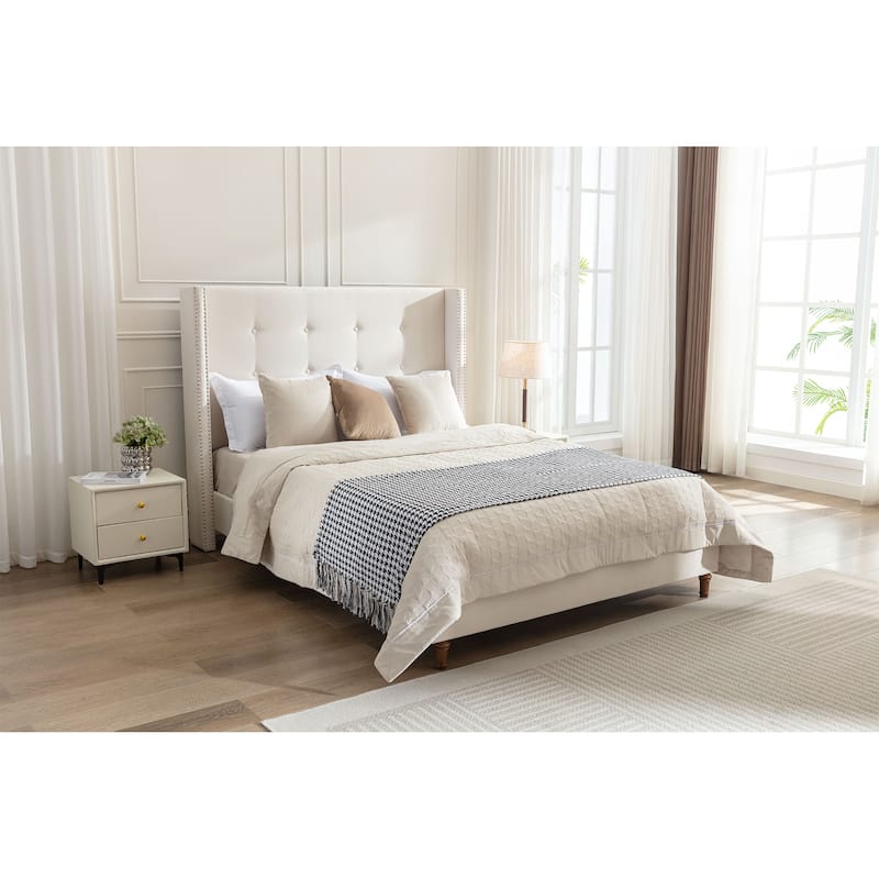 54" High Headboard Queen Peyton Upholstered Velvet Bed - Ivory